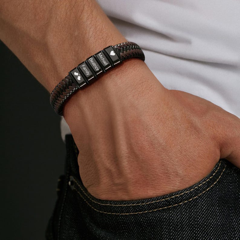 Custom 1-8 Name Bead Bracelet, Black Braid Leather Bracelets, Mens Bangle Bracelet For Husband, Personalized Gift, Father's Day Gift