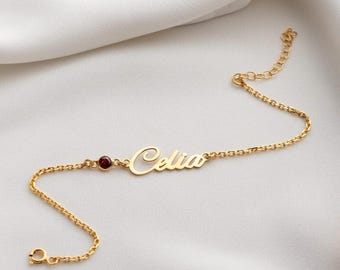 Pulsera de oro de 18 quilates con nombre y piedra de nacimiento: joyería personalizada escrita a mano