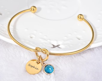 Gold Knotted Bracelet: Crystal Birthstone, Personalized Name Charm