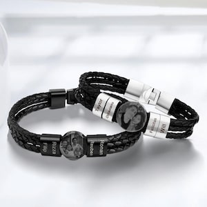 Gepersonaliseerde herenarmband, handgeweven leren sieraden, armband met foto en kindernaam, vaderdag kerstcadeau voor hem, vader, vriend