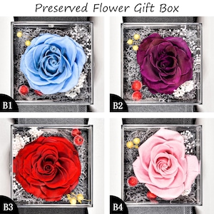 May include: Four square gift boxes with preserved roses in various colors: blue, purple, red, and pink. Each rose is encased in a clear acrylic box with decorative accents and the text "Preserved Flower Gift Box" at the top.