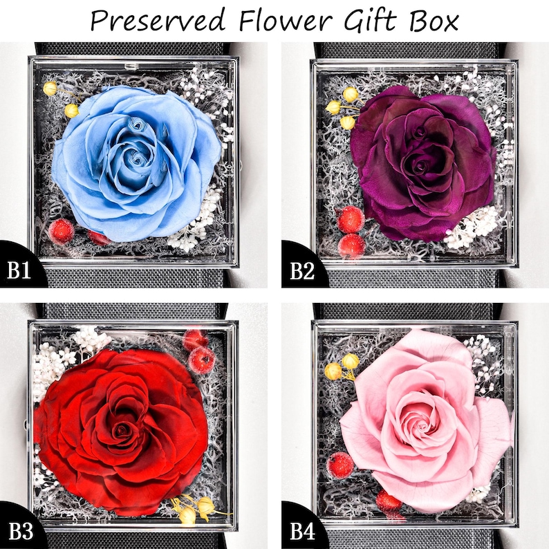 May include: Four square gift boxes with preserved roses in various colors: blue, purple, red, and pink. Each rose is encased in a clear acrylic box with decorative accents and the text "Preserved Flower Gift Box" at the top.