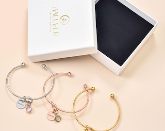 Custom Birthstone Bangle: Engraved Name, Sister Friendship Bracelet