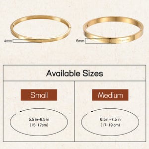May include: Two gold-colored bangles. One is 4mm wide, the other is 6mm wide. The text "Feelings are not facts" is engraved on the 4mm bangle. The text "Remember who he told you are" is engraved on the 6mm bangle. Available sizes are small (5.5-6.5 in) and medium (6.5-7.5 in).