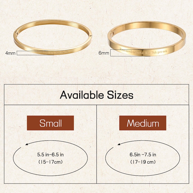 May include: Two gold-colored bangles. One is 4mm wide, the other is 6mm wide. The text "Feelings are not facts" is engraved on the 4mm bangle. The text "Remember who he told you are" is engraved on the 6mm bangle. Available sizes are small (5.5-6.5 in) and medium (6.5-7.5 in).