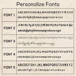 May include: A chart displaying five different font styles for personalization. Each font is shown in both uppercase and lowercase letters, with the title "Personalize Fonts" at the top. The fonts vary in style, from classic to script.