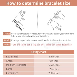 May include: Image showing how to measure wrist size for bracelets. Includes instructions with illustrations and a sizing chart. The chart lists sizes from extra small (5.5 inches) to extra large (7.5 inches).