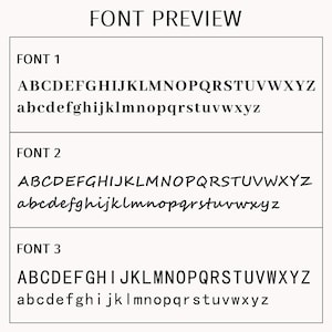 May include: Font preview image showing three different font styles. Each font displays uppercase and lowercase letters. The text "FONT PREVIEW" is at the top. Font 1 is a classic serif font. Font 2 is a handwritten style. Font 3 is a bold serif font.