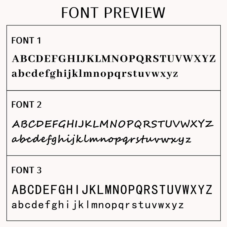 May include: Font preview image showing three different font styles. Each font displays uppercase and lowercase letters. The text "FONT PREVIEW" is at the top. Font 1 is a classic serif font. Font 2 is a handwritten style. Font 3 is a bold serif font.
