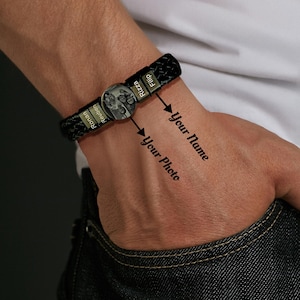 Personalized Men&#39;s Bracelet, Hand-woven Leather Jewelry, Photo and Name Memorial Bracelet, Groomsman Gifts for Him/Birthday Gifts for Father