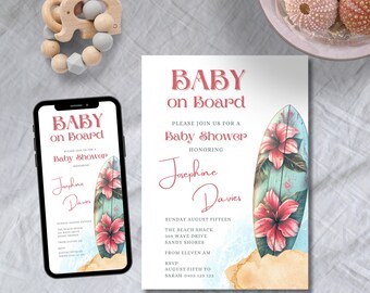 Modelo de convite para chá de bebê "Bebê a bordo" | Convite editável para chá de bebê "Surf Beach" | Modelo editável | Convite para impressão