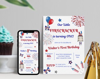 Firecracker-Geburtstags-Einladung, Miss Unabhängige Geburtstagseinladung, Sofort Download, 4.Juli-Geburtstags-Einladung, Evite