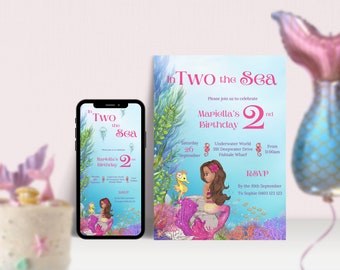 En deux la sirène de la mer 2e anniversaire, anniversaire de sirène, deuxième anniversaire, invitation sirène, invitation numérique sirène, téléchargement immédiat