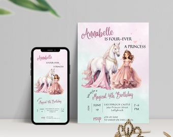 Four-Ever A Princess Birthday Invitations | 4Th Birthday Girl Invitation Template | Castle Invite | Four Ever Princess Invitation