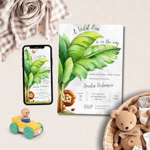 Wild One Lion Baby Shower Invite and Evite, Instant Download, Safari Baby Shower, Jungle Baby Shower, Editable Template, Digital Invite