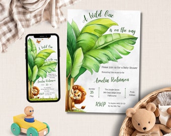 Wild One Lion Baby Shower Invite and Evite, Instant Download, Safari Baby Shower, Jungle Baby Shower, Editable Template, Digital Invite