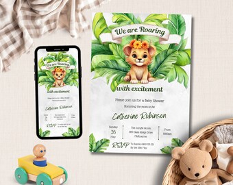 Roaring with Excitement Lion Baby Shower Invite, Instant Download, Safari Baby Shower, Jungle Baby Shower, Editable Template, Digital Invite