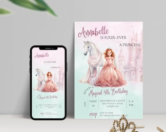 Four-Ever A Princess Birthday Invitations | 4Th Birthday Girl Invitation Template | Castle Invite | Four Ever Princess Invitation