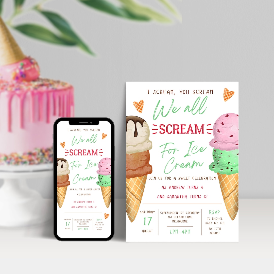 Te grito, gritas por helado Invitación de cumpleaños CONJUNTA, invitación  digital, invitación imprimible, descarga instantánea, invitación para niño  o niña - Etsy México, image size:1080x1080