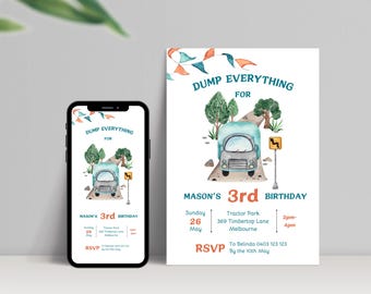 Garbage Truck Birthday Invite | Editable Digital Party Invite for Boys | Instant Download | Recycling Theme | 3rd Birthday Party Invite