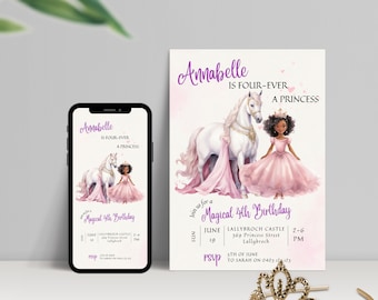Four-Ever A Princess Birthday Invitations | 4Th Birthday Girl Invitation Template | Castle Invite | Four Ever Princess Invitation