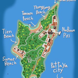 Mapa gráfico de aventuras de la isla de Koh Larn, Pattaya, Tailandia (atlas turístico)
