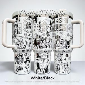 May include: White travel mugs with black manga-style illustrations and white handles. The mugs feature various characters, the text "WANTED", and the words "STRAW HAT PIRATE CREW". The mugs are labeled "White/Black".