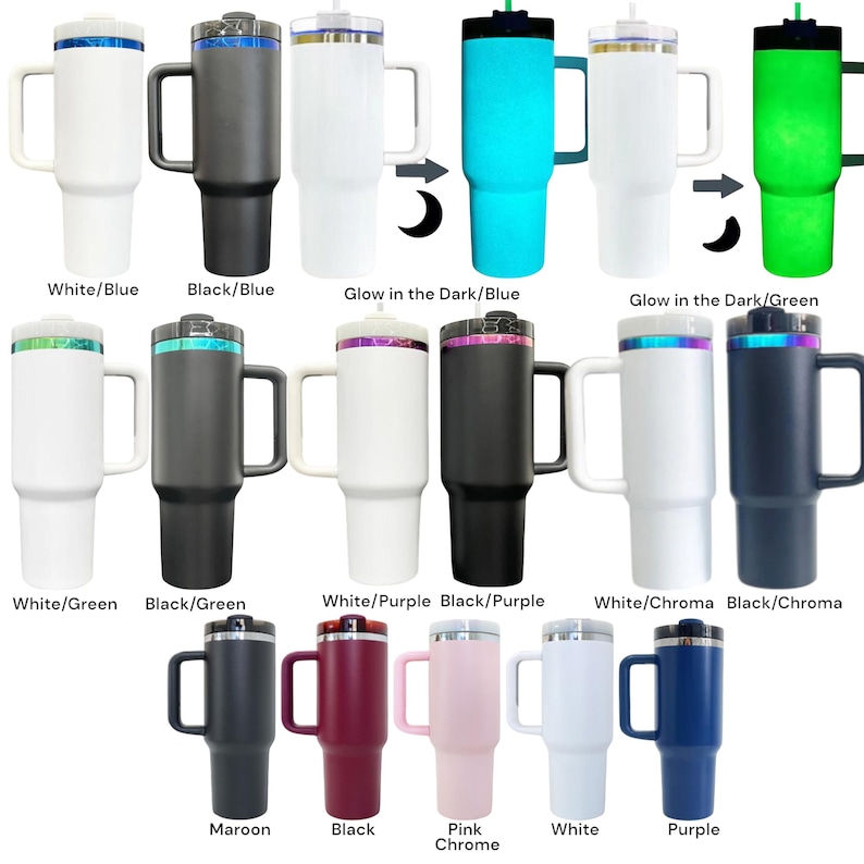 Puede incluir: Colecci&oacute;n de vasos aislados en varios colores, incluyendo blanco, negro, azul, verde, morado y rosa. Cada vaso tiene un asa, una tapa y una pajita. Algunos vasos brillan en la oscuridad.