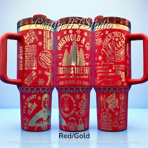 May include: Red and gold insulated travel mugs with humorous holiday-themed graphics and text. The mugs feature quotes and images from a popular Christmas movie. Each mug has a red handle and lid.