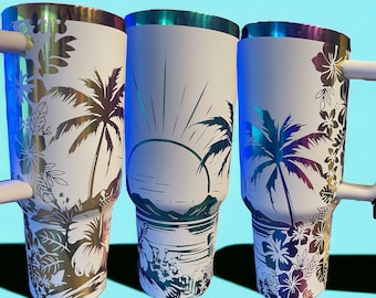 Strand Palmen, Sonnenuntergang, Bucht, Hibiskus 40 Unzen Becher Griff Digitale Datei