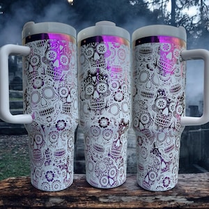 40oz Sugar Skulls laser engraved tumbler Día de Muertos day of the dead