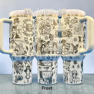 May include: Three white insulated mugs featuring black and white illustrations of One Piece anime characters and symbols. Each mug has a white handle and lid. The word "Frost" is printed on the bottom of the mugs.