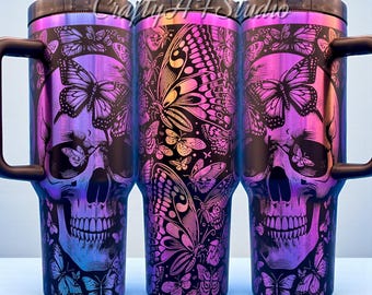 40oz Skulls and Butterflies Laser Engraved Tumbler