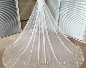 Voiles de fleurs de marguerite dorées, Voiles de tulle ivoire, Voiles de mariage avec appliqués, Voile de mariée avec peigne, Voiles pour mariage cathédrale, Voile de mariage fleur