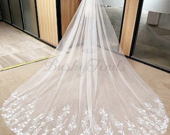 Cathedral Length Veil,Floral Appliques Veil,Ivory Tulle Veils,Outdoor Wedding Veils,Chapel Veils For Bridal,Leaves Veil For Wedding,Gifts