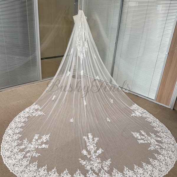 Lace Appliques Veil For Wedding,Ivory Tulle Bridal Veils,Wedding Veils Lace,Flower Veils,Leaves Veil For Wedding,Chapel Veil,Cathedral Veil