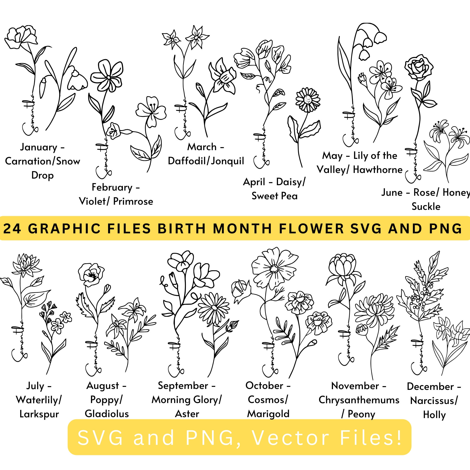 Birth Month Flower Line Art: SVG, PNG, PDF (24 Files)