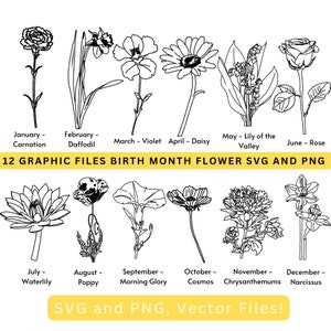Birth Month Flower Line Art: SVG & PNG Design Print (Digital Download)