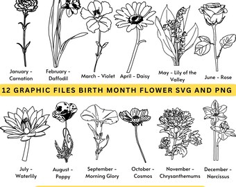 Birth Month Flower Line Art: SVG & PNG Design Print (Digital Download)