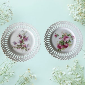 Pretty French Vintage 1950’s Floral Plates, Lattice Porcelain Plates, Decorative Porcelain Plate Duo