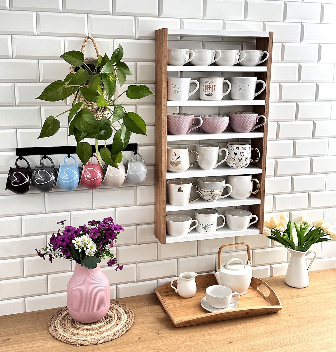 Round Mug Wall Rack Wall Mounted Mug Shelf - White Oak Coffee Cup Rack - Hanging Kitchen ...