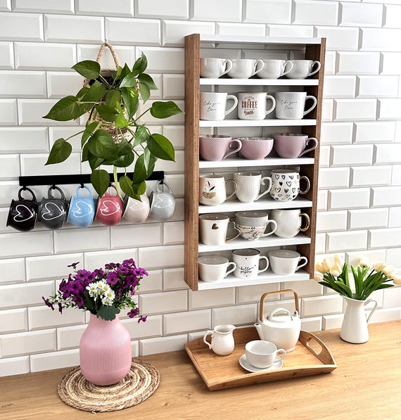 Wall Mounted Mug Shelf - White Oak Coffee Cup Rack - Hanging Kitchen  Organizer - Modern Cup Storage - Coffee Bar Display - Etsy