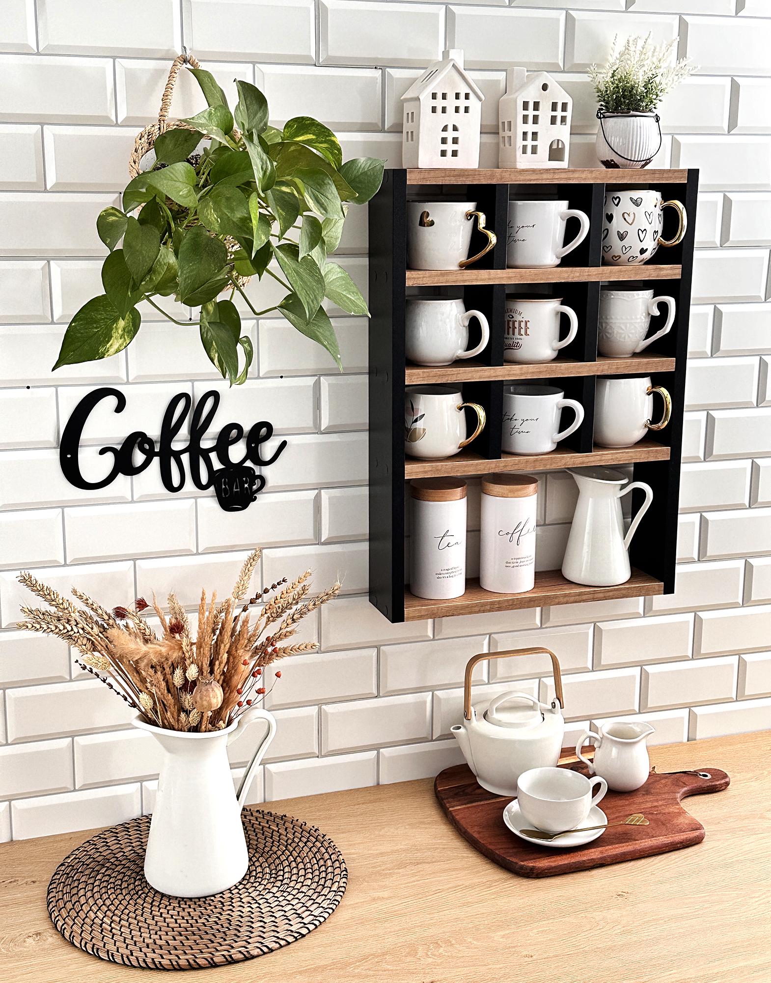 Porta Tazze Da Parete In Ferro Nero - Organizer Per Cucina Con Ganci - 43x14 Cm - Regalo Per Amanti Del Caffè - 2