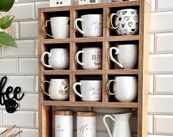 Tassenregal Aus Massivholz – Vintage Setzkasten Für Kaffeetassen – Wandregal Mit 13 Größen – Für Wohnzimmer, Küche & Café – Dekorativ & Stabil Tassenregal Holz Setzkasten