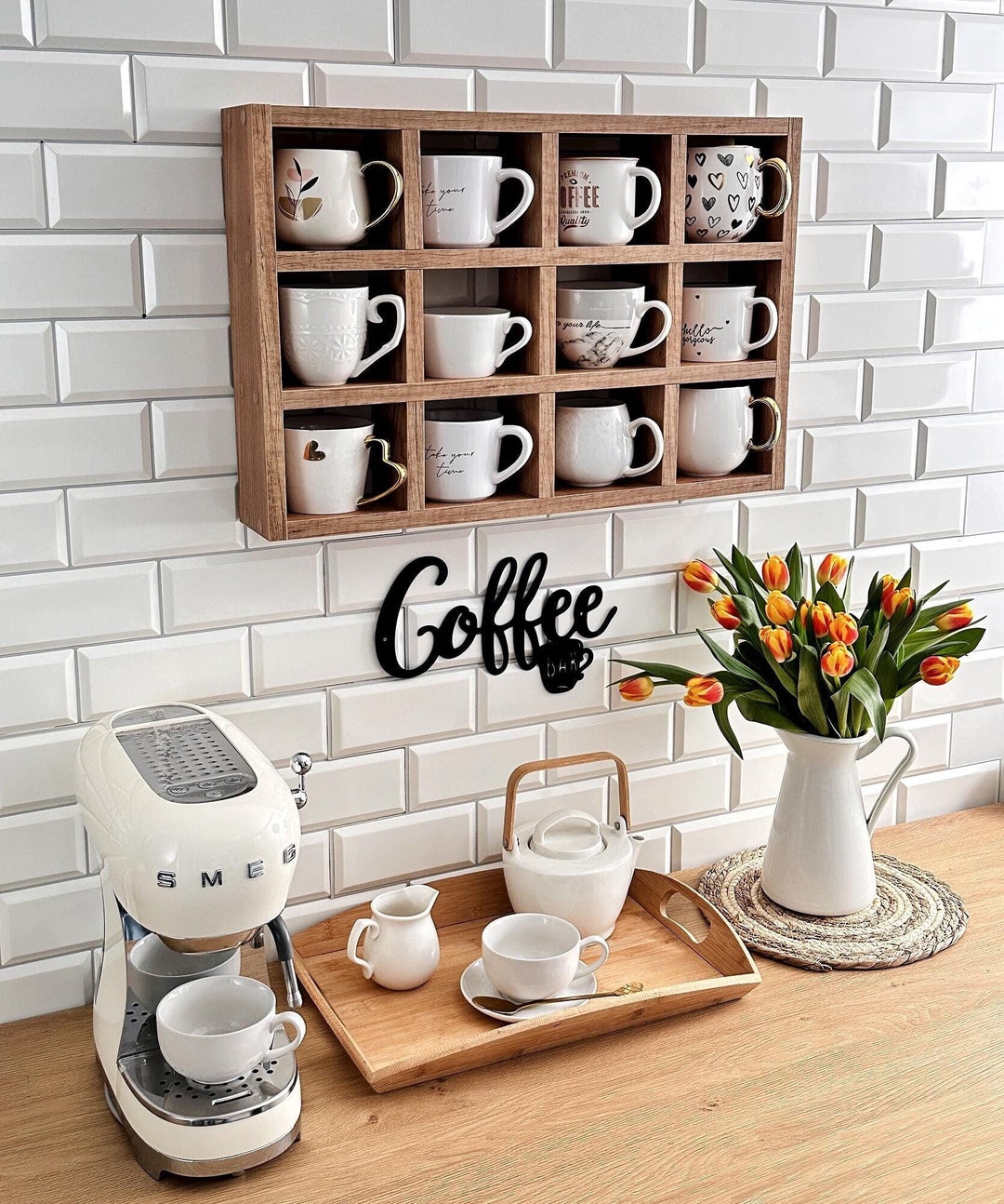 Wall Mounted Oak Mug Shelf - Coffee Cup Rack - Hanging Kitchen ...