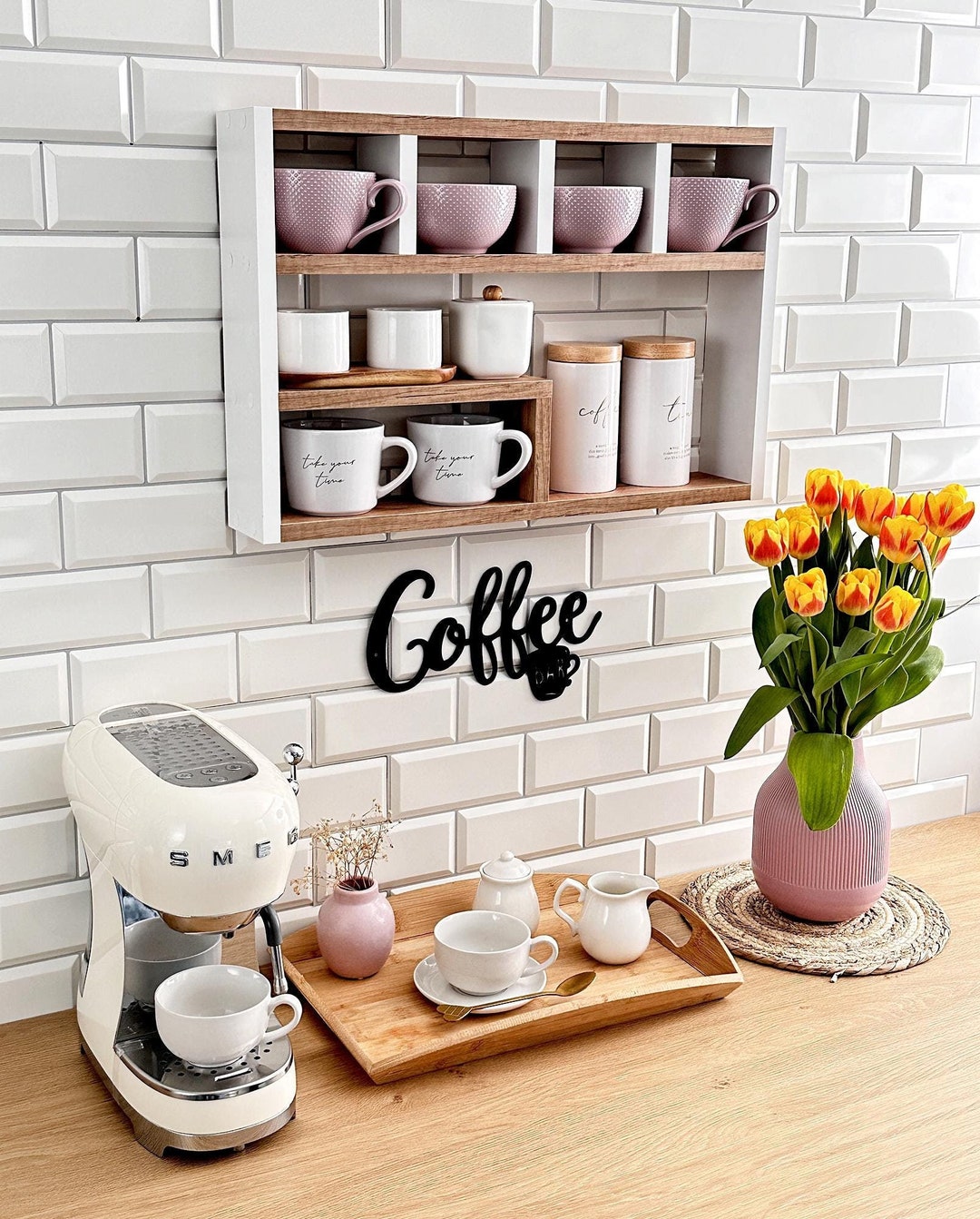 White Oak Wall Mounted Mug Shelf - Coffee Cup Storage - Hanging Kitchen ...