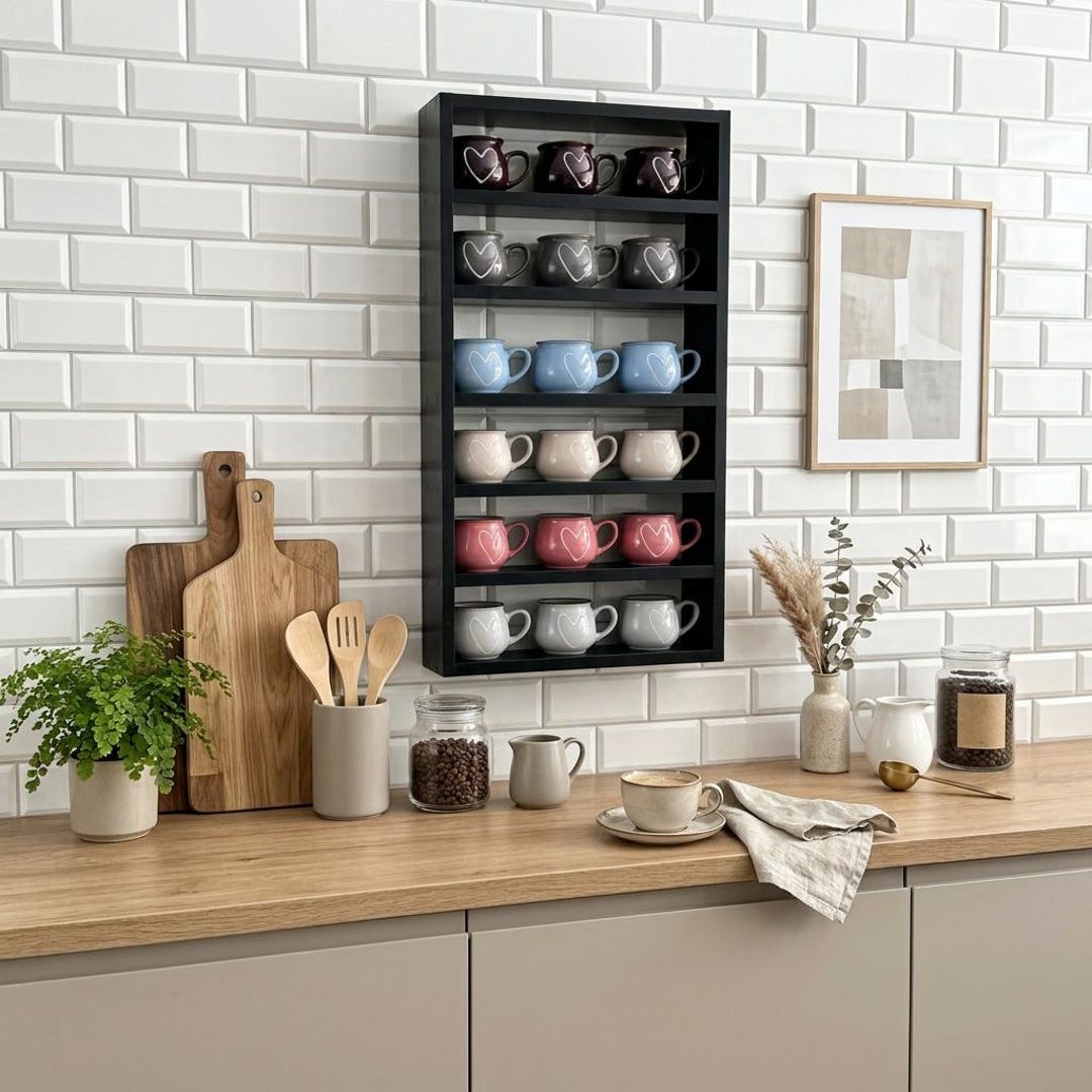 Black Wall Mounted Mug Rack - Coffee Cup Shelf - Hanging Kitchen Organizer - Modern Cup Storage - Tassen Regal Schwarz