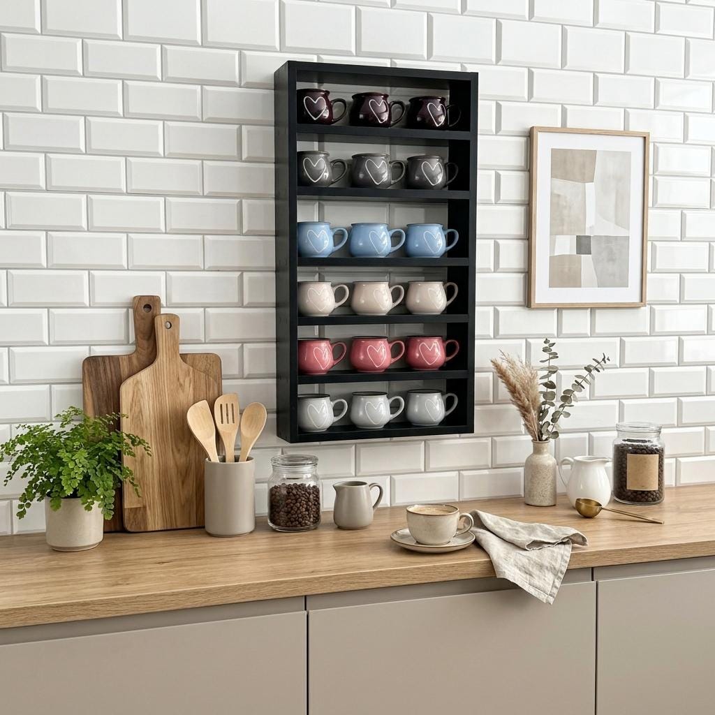 Black Wall Mounted Mug Rack - Coffee Cup Shelf - Hanging Kitchen Organizer - Modern Cup Storage - Tassen Regal Schwarz