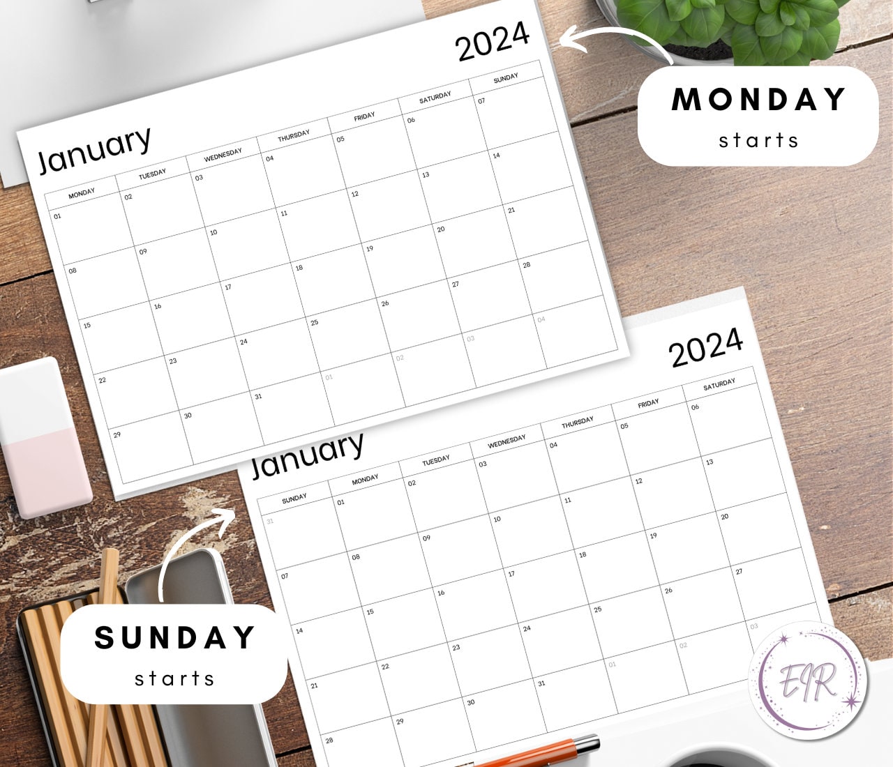 2024 Calendar Sunday Monday Start A4 Size Printable and Digital