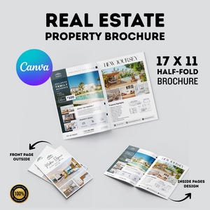 May include: A real estate property brochure with the text "REAL ESTATE PROPERTY BROCHURE". The brochure is 17 x 11 inches, half-fold. The front page says "EXCLUSIVE FAMILY RESIDENCE FOR LEASE $500". The brochure is designed with Canva.